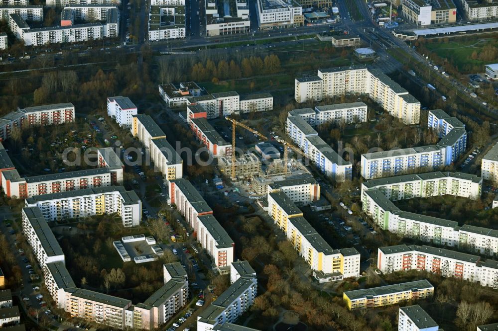 Aerial photograph Berlin - Construction site for the new residential and commercial building on Kastanienboulevard - Auerbacher Ring - Schneeberger Strasse in the district Hellersdorf in Berlin, Germany