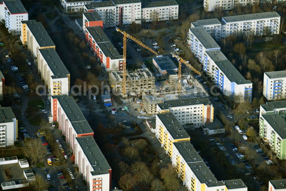 Berlin from above - Construction site for the new residential and commercial building on Kastanienboulevard - Auerbacher Ring - Schneeberger Strasse in the district Hellersdorf in Berlin, Germany