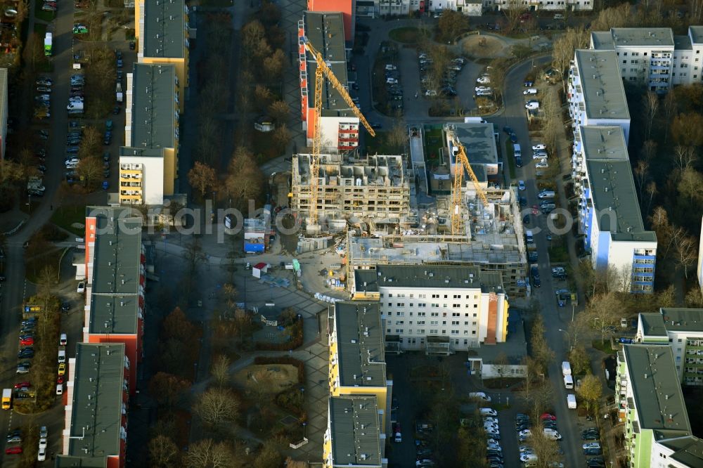 Aerial image Berlin - Construction site for the new residential and commercial building on Kastanienboulevard - Auerbacher Ring - Schneeberger Strasse in the district Hellersdorf in Berlin, Germany