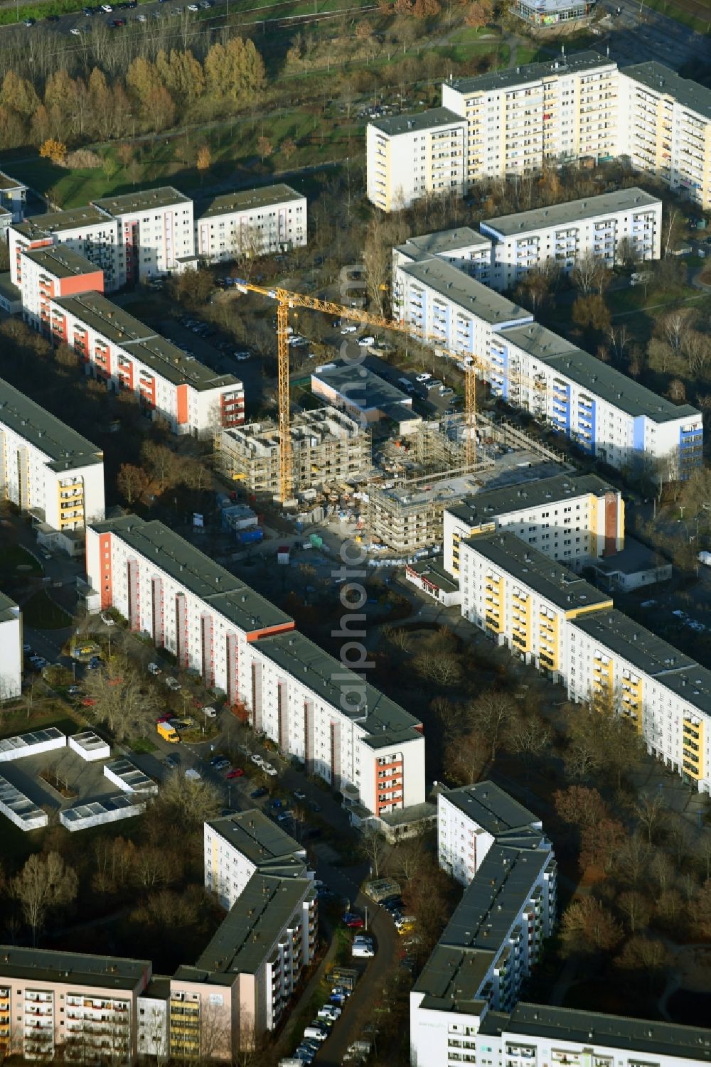 Aerial image Berlin - Construction site for the new residential and commercial building on Kastanienboulevard - Auerbacher Ring - Schneeberger Strasse in the district Hellersdorf in Berlin, Germany