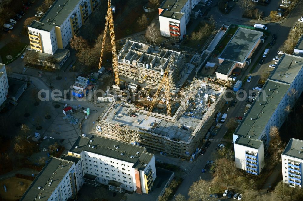 Berlin from above - Construction site for the new residential and commercial building on Kastanienboulevard - Auerbacher Ring - Schneeberger Strasse in the district Hellersdorf in Berlin, Germany