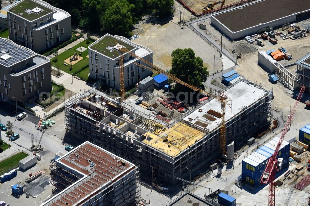 Aerial image München - Construction site for the new residential and commercial building on the Max-Bill-Strasse in the district Schwabing-Freimann in Munich in the state Bavaria, Germany