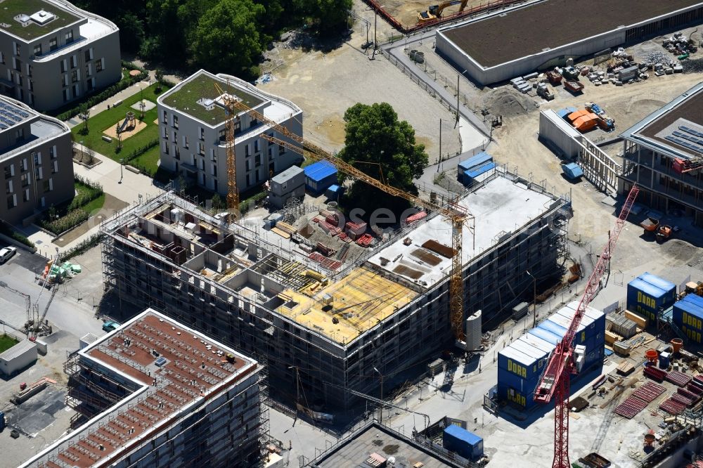 Aerial photograph München - Construction site for the new residential and commercial building on the Max-Bill-Strasse in the district Schwabing-Freimann in Munich in the state Bavaria, Germany