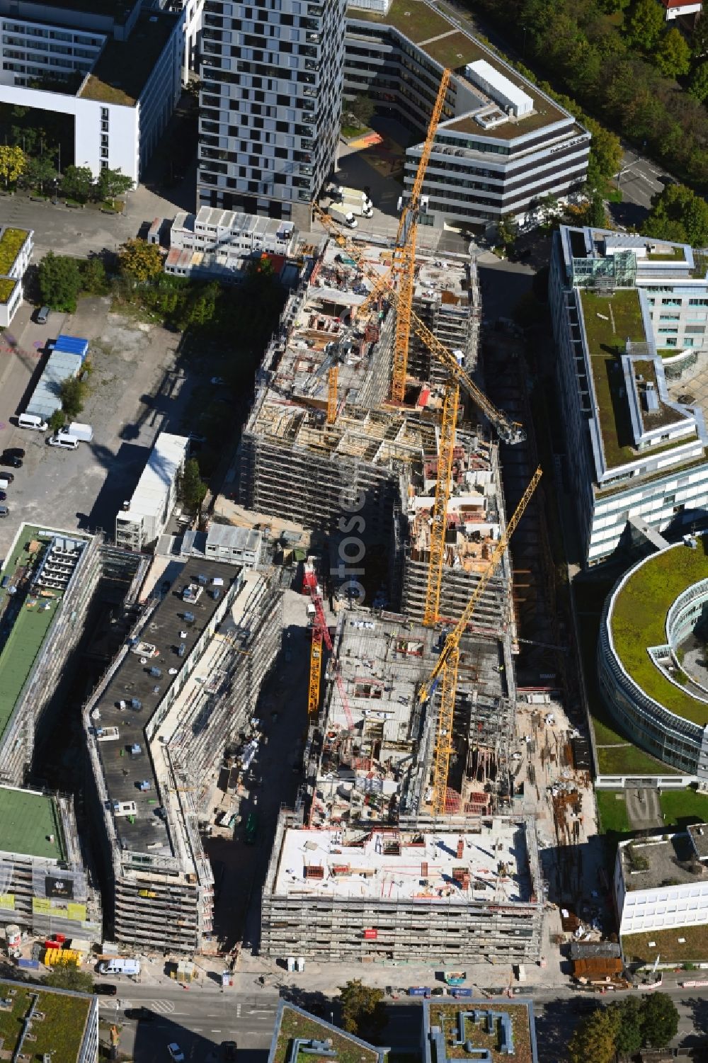 Aerial image Stuttgart - Construction site for the new residential and commercial building MAYLIVING + MAYOFFICE on Maybachstrasse in the district Bahnhof Feuerbach in Stuttgart in the state Baden-Wurttemberg, Germany