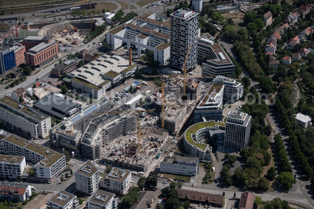 Stuttgart from above - Construction site for the new residential and commercial building MAYLIVING + MAYOFFICE on Maybachstrasse in the district Bahnhof Feuerbach in Stuttgart in the state Baden-Wurttemberg, Germany