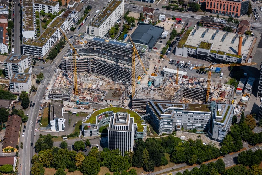 Stuttgart from the bird's eye view: Construction site for the new residential and commercial building MAYLIVING + MAYOFFICE on Maybachstrasse in the district Bahnhof Feuerbach in Stuttgart in the state Baden-Wurttemberg, Germany