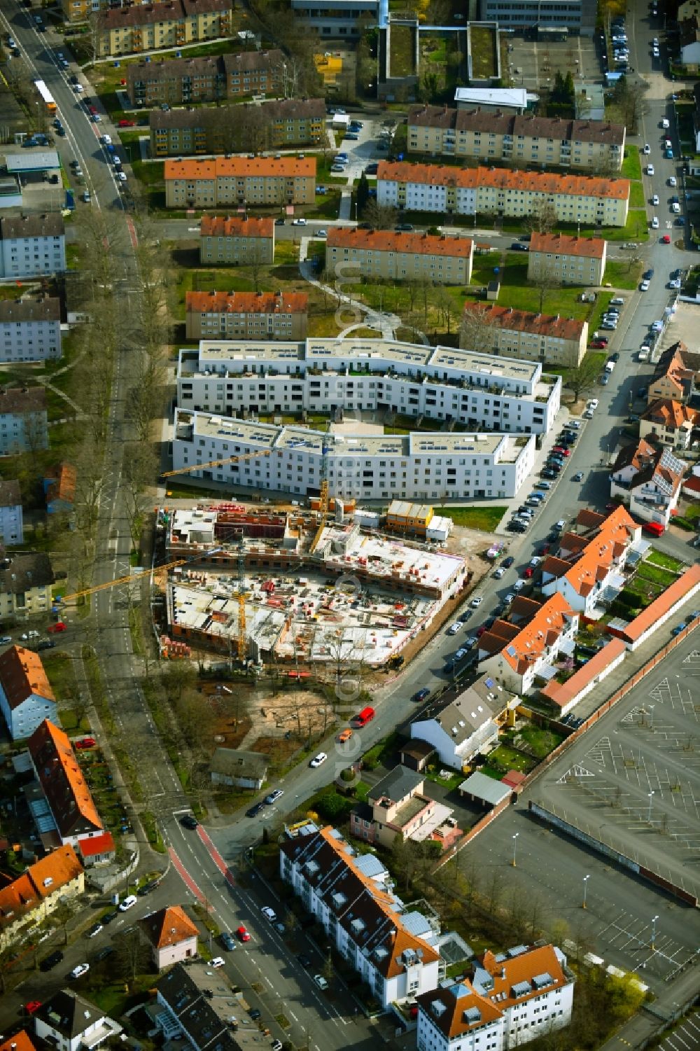 Aschaffenburg from the bird's eye view: Construction site for the new residential and commercial building Mitscherlichweg - Spessartstrasse - Bavariastrasse in the district Innenstadt in Aschaffenburg in the state Bavaria, Germany