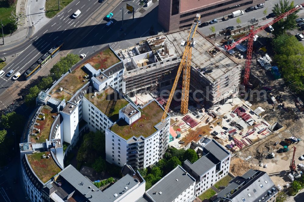 Leipzig from the bird's eye view: Construction site for the new residential and commercial building on Nonnenmuehlgasse in Leipzig in the state Saxony, Germany