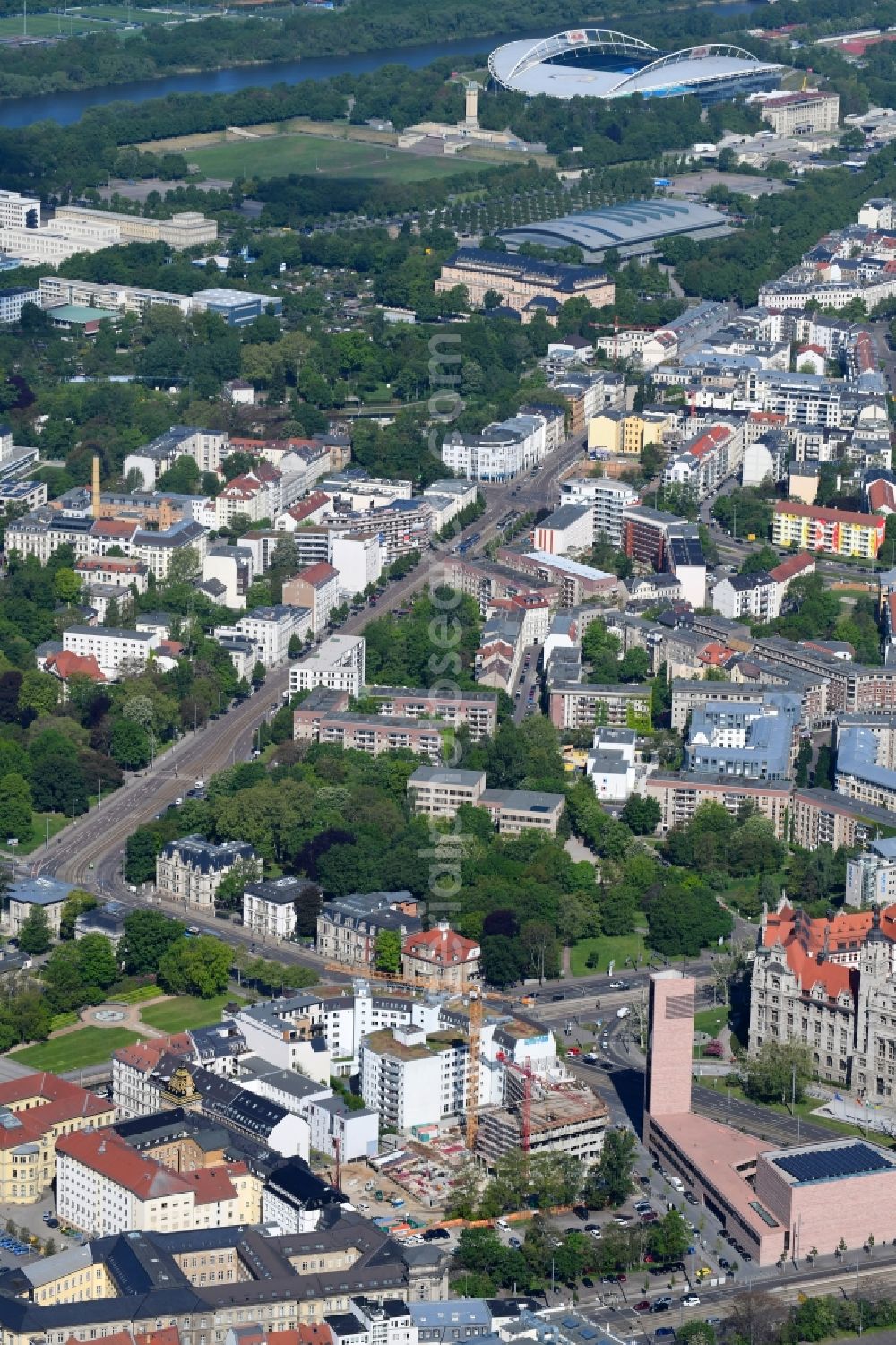 Leipzig from above - Construction site for the new residential and commercial building on Nonnenmuehlgasse in Leipzig in the state Saxony, Germany