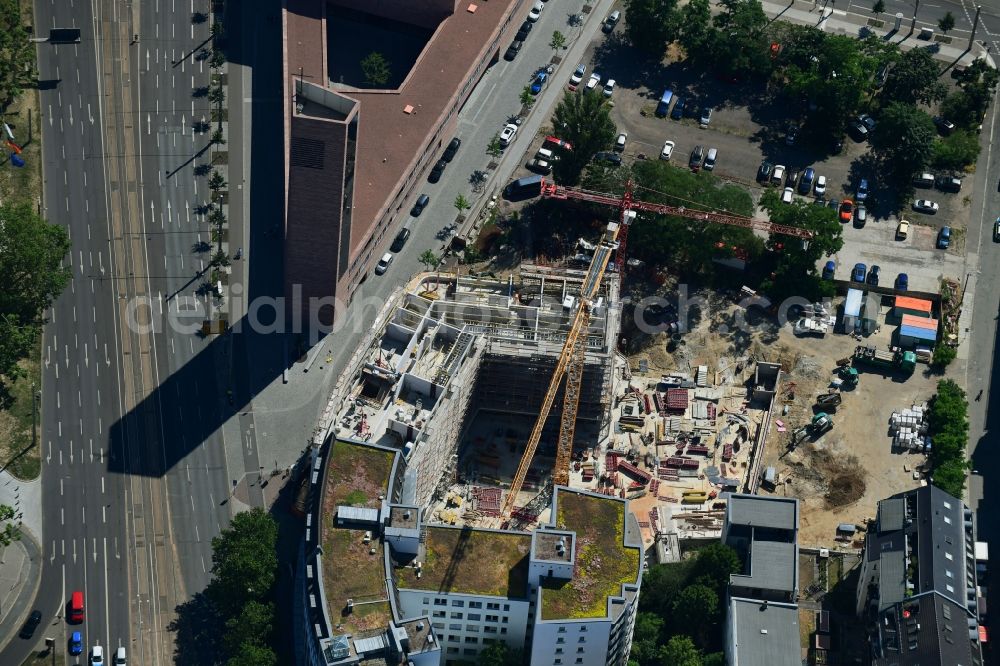 Leipzig from the bird's eye view: Construction site for the new residential and commercial building on Nonnenmuehlgasse in Leipzig in the state Saxony, Germany