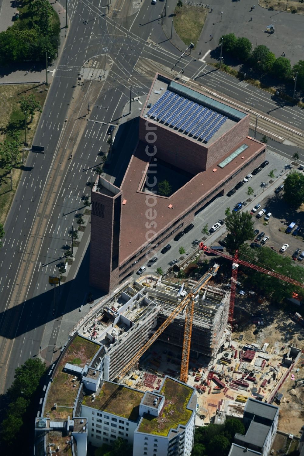 Aerial image Leipzig - Construction site for the new residential and commercial building on Nonnenmuehlgasse in Leipzig in the state Saxony, Germany