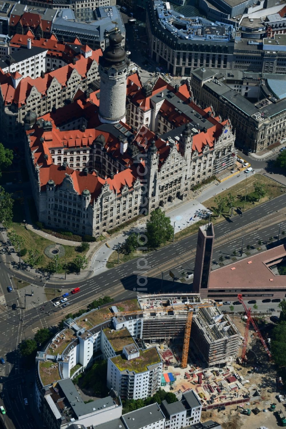 Leipzig from the bird's eye view: Construction site for the new residential and commercial building on Nonnenmuehlgasse in Leipzig in the state Saxony, Germany