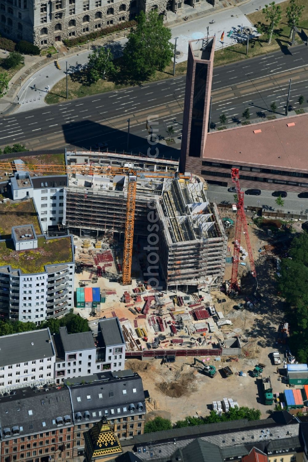 Leipzig from above - Construction site for the new residential and commercial building on Nonnenmuehlgasse in Leipzig in the state Saxony, Germany