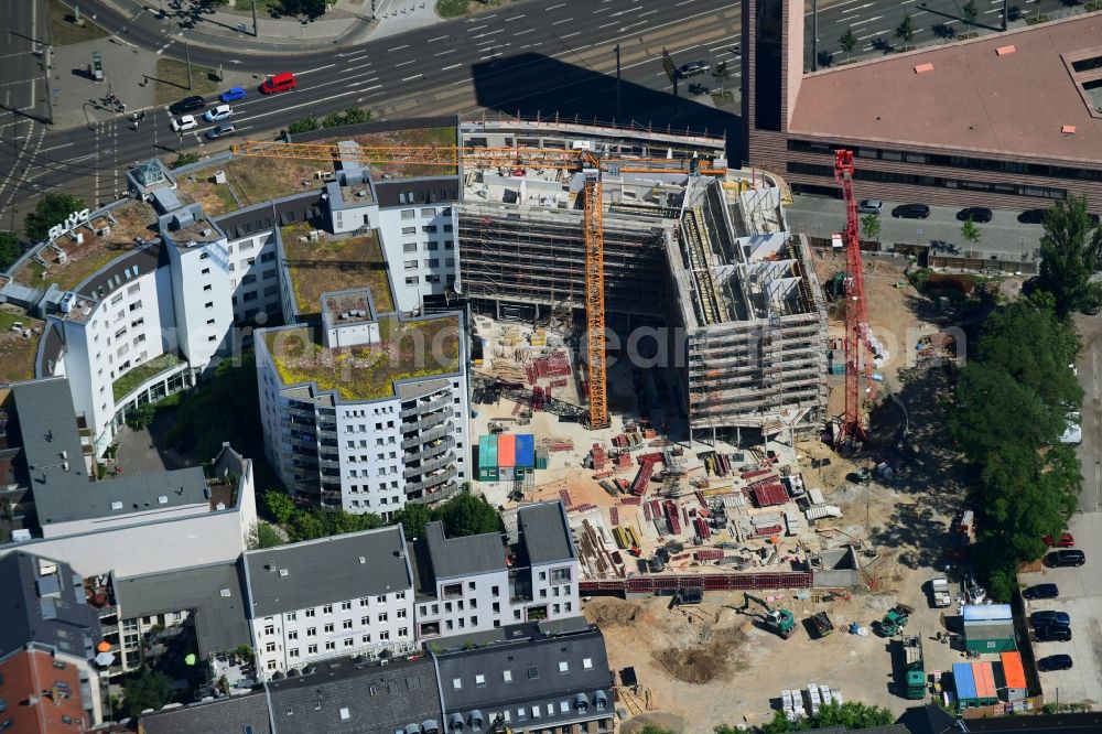 Leipzig from the bird's eye view: Construction site for the new residential and commercial building on Nonnenmuehlgasse in Leipzig in the state Saxony, Germany