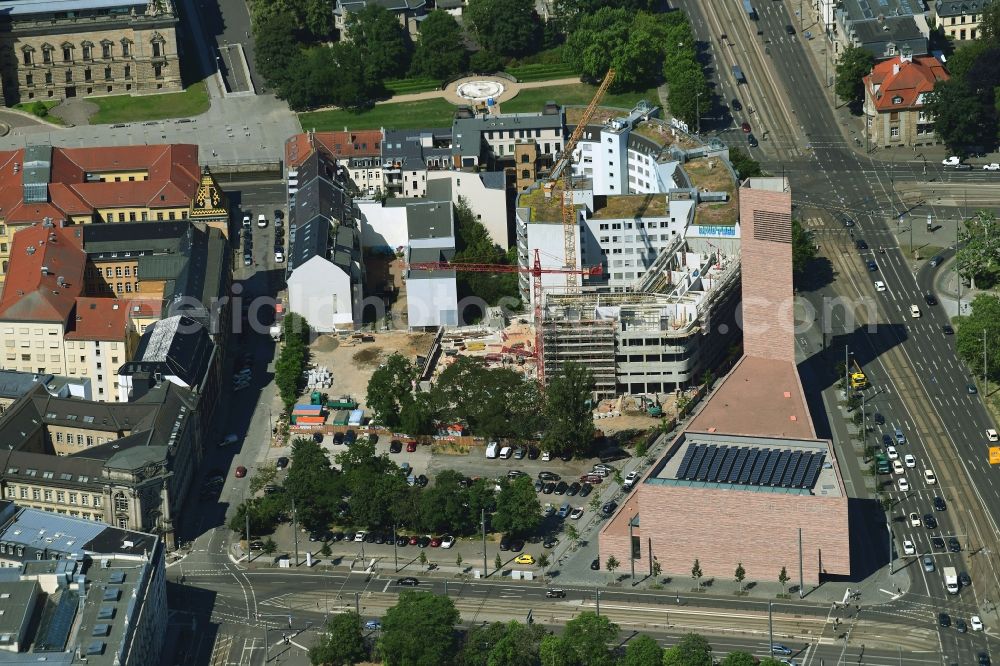 Leipzig from the bird's eye view: Construction site for the new residential and commercial building on Nonnenmuehlgasse in Leipzig in the state Saxony, Germany