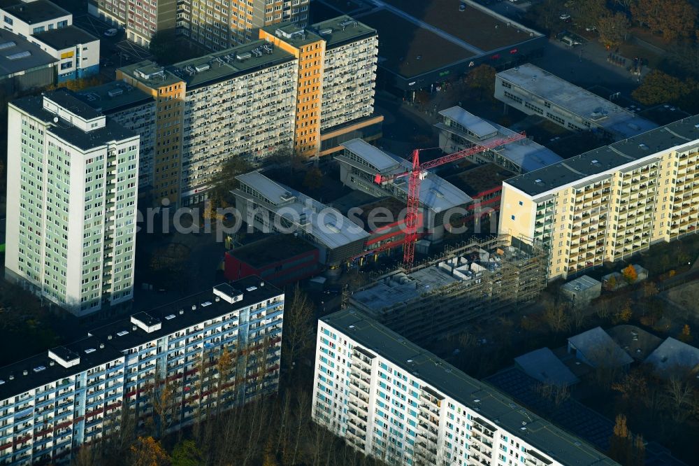 Aerial image Berlin - Construction site for the new residential and commercial building on the Otto-Schmirgal-Strasse corner Erieseering in the district Lichtenberg in Berlin, Germany