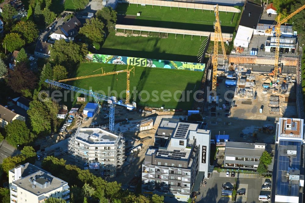 München from the bird's eye view: Construction site for the new residential and commercial building on Zielstattstrasse in the district Sendling-Westpark in Munich in the state Bavaria, Germany