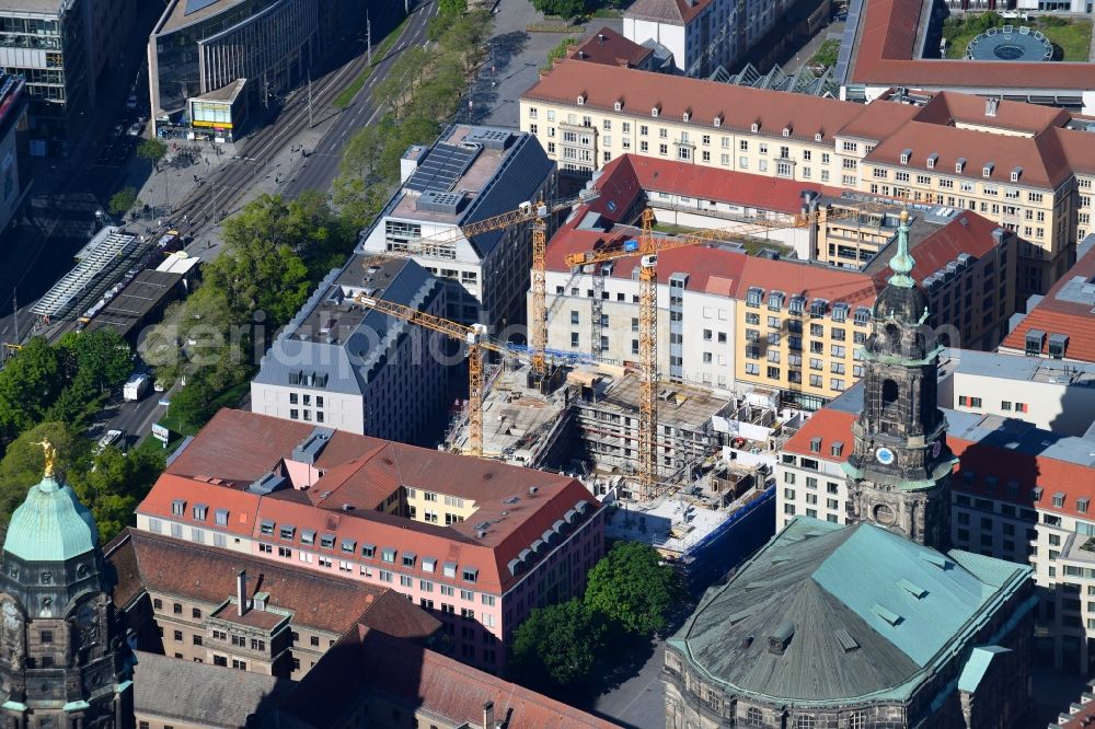 Aerial photograph Dresden - Construction site for the new residential and commercial building between Kramergasse and Schreibergasse in the district Zentrum in Dresden in the state Saxony, Germany