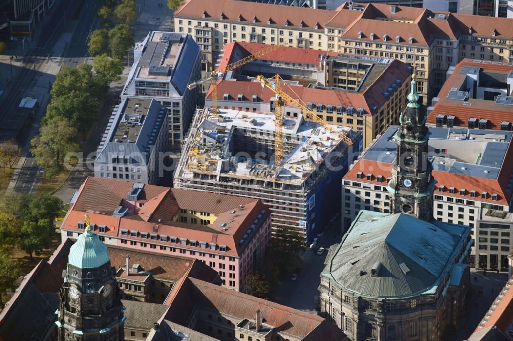 Aerial photograph Dresden - Construction site for the new residential and commercial building between Kramergasse and Schreibergasse in the district Zentrum in Dresden in the state Saxony, Germany