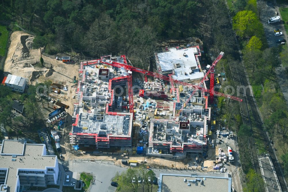 Berlin from the bird's eye view: Construction site for the new residential and commercial building on the Clayallee in the district Dahlem in Berlin, Germany