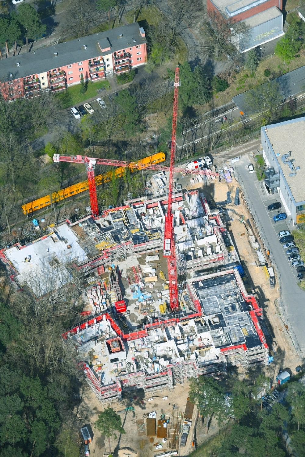 Aerial image Berlin - Construction site for the new residential and commercial building on the Clayallee in the district Dahlem in Berlin, Germany