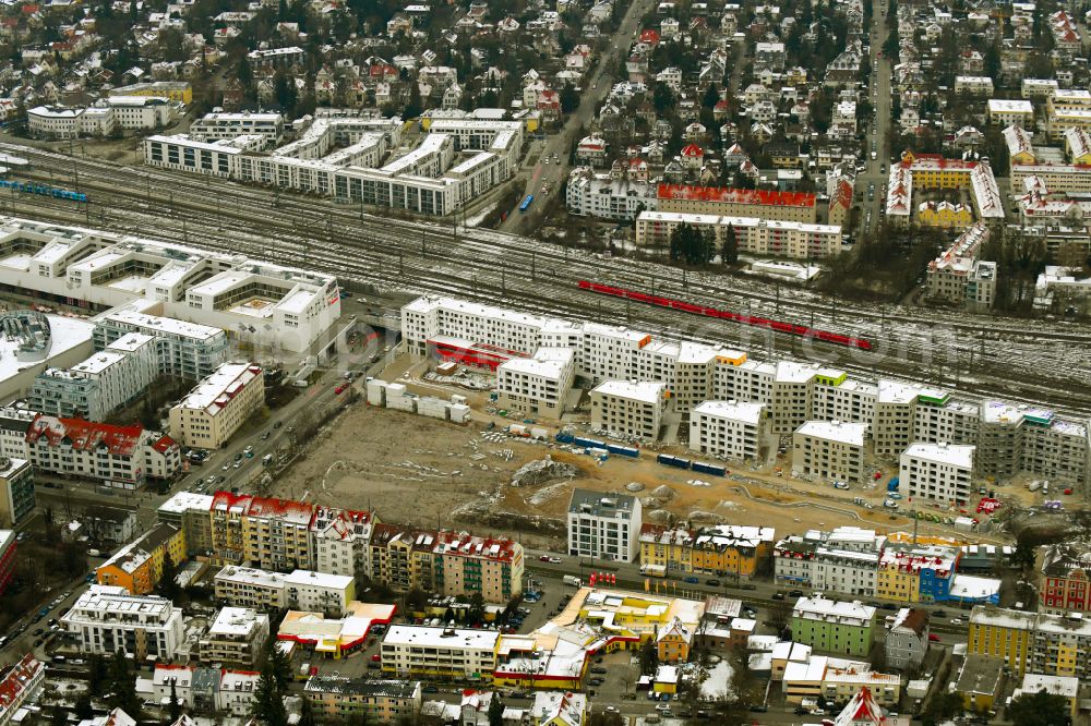 Aerial photograph München - Construction site for the new residential and commercial building des Paseo Carre on Landsberger Strasse - Offenbachstrasse in the district Pasing-Obermenzing in Munich in the state Bavaria, Germany