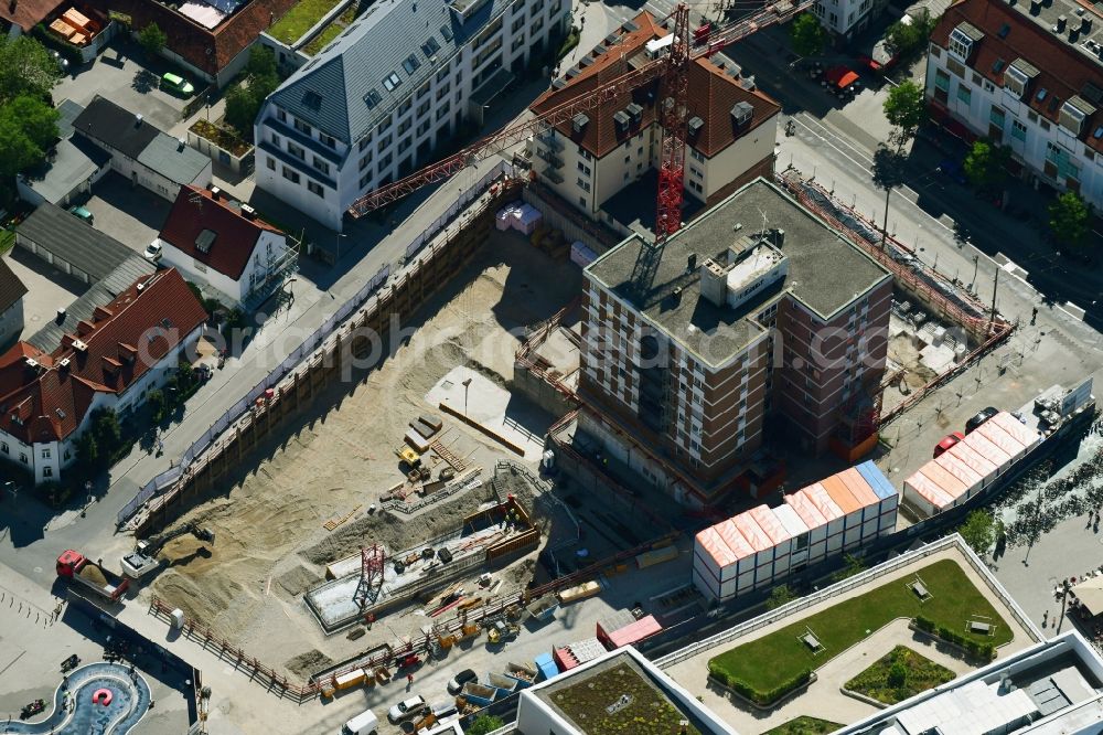 München from above - Construction site for the new residential and commercial building Pasing Central on Baeckerstrasse in Munich in the state Bavaria, Germany