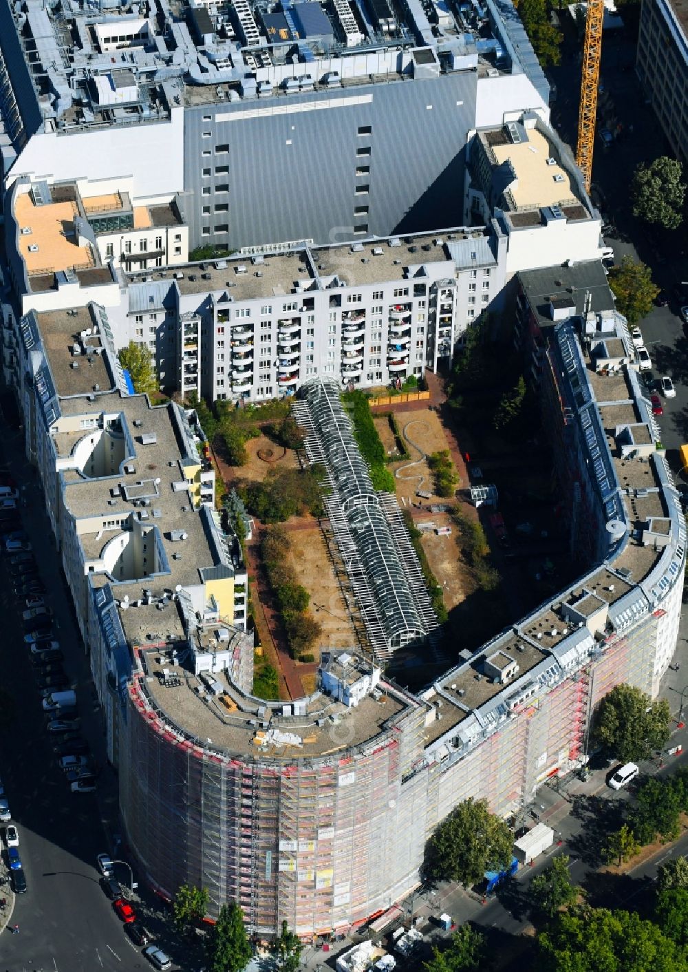 Berlin from above - Construction site for the new residential and commercial building on the Passauer Strasse - Ansbacher Strasse corner Lietzenburger Strasse Baustelle in the district Wilmersdorf in Berlin, Germany