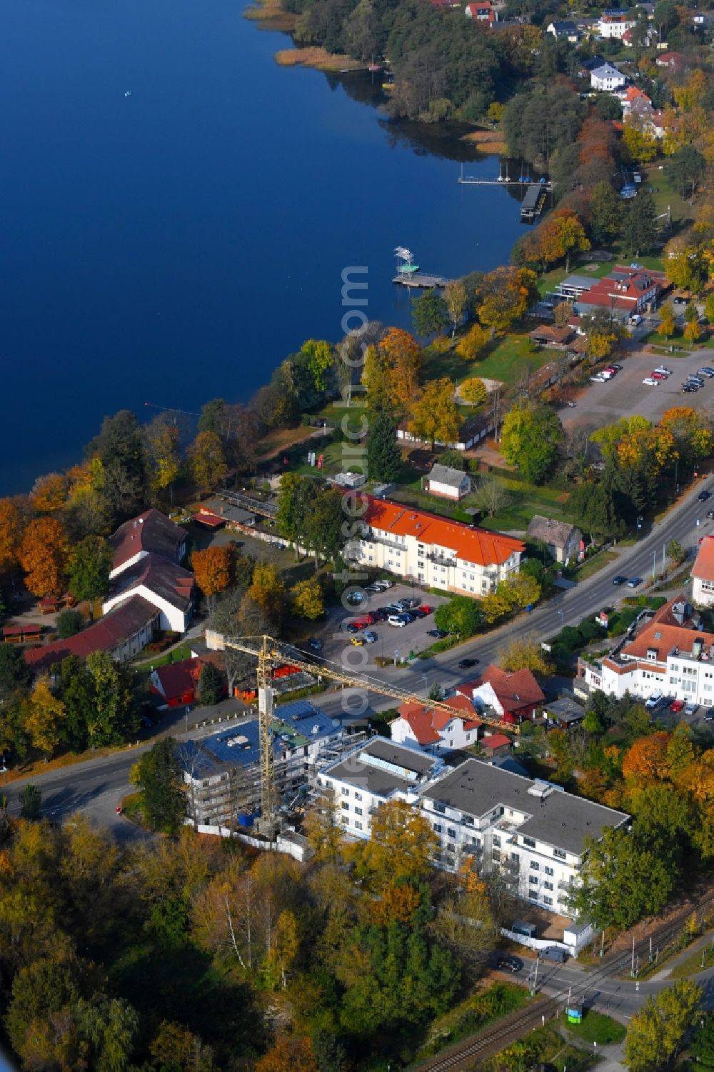 Aerial photograph Wandlitz - Construction site for the new residential and commercial building on the Prenzlauer Chaussee - Lanker Weg in Wandlitz in the state Brandenburg, Germany