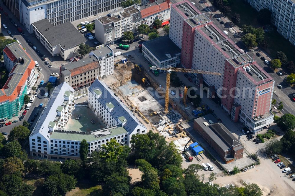 Berlin from the bird's eye view: Construction site for the new residential and commercial building on the Rathausstrasse in the district Lichtenberg in Berlin, Germany