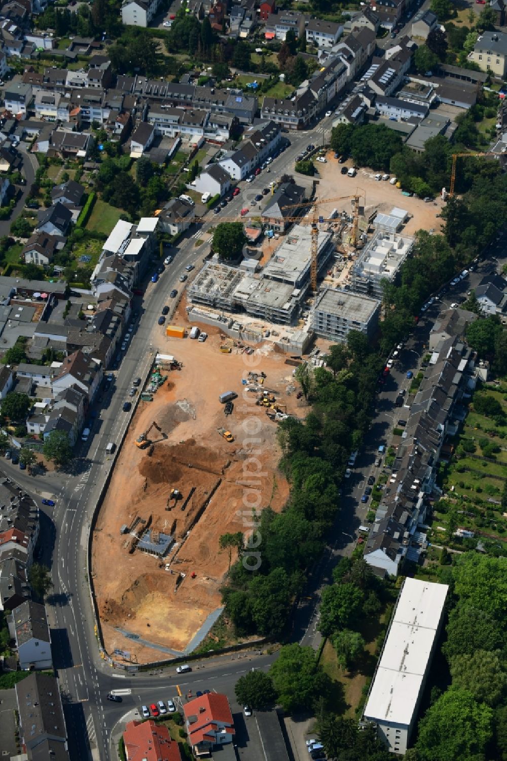 Bonn from above - Construction site for the new residential and commercial building on Schumanns Hoehe along the Sebastianstrasse in the district Endenich in Bonn in the state North Rhine-Westphalia, Germany