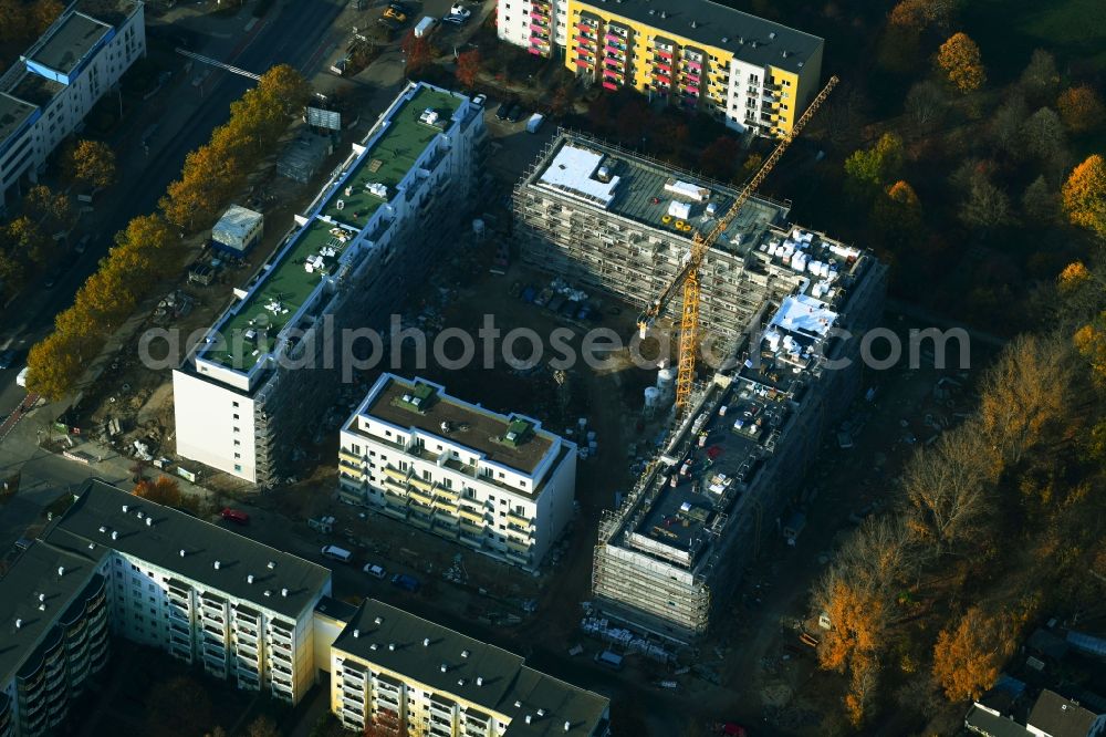 Berlin from above - Construction site for the new residential and commercial building on the Schwarzheider Strasse corner Louis-Lewin-Strasse - Forster Strasse in the district Hellersdorf in Berlin, Germany