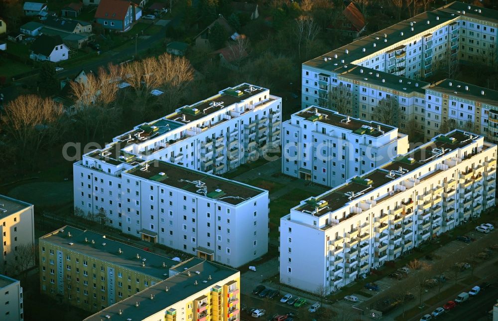 Berlin from above - Construction site for the new residential and commercial building on the Schwarzheider Strasse corner Louis-Lewin-Strasse - Forster Strasse in the district Hellersdorf in Berlin, Germany