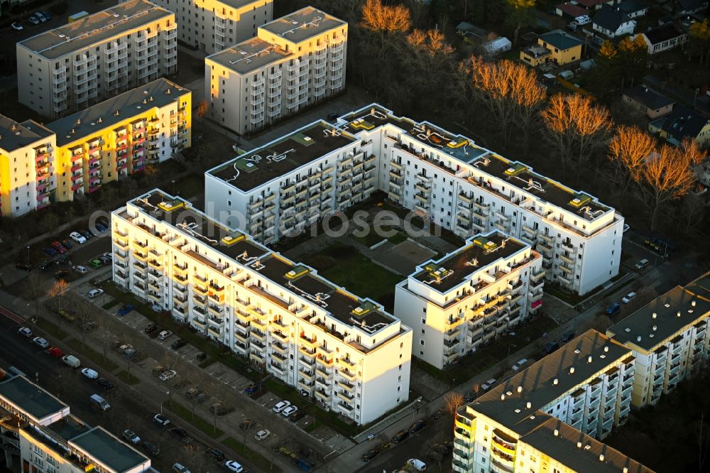 Berlin from above - Construction site for the new residential and commercial building on the Schwarzheider Strasse corner Louis-Lewin-Strasse - Forster Strasse in the district Hellersdorf in Berlin, Germany