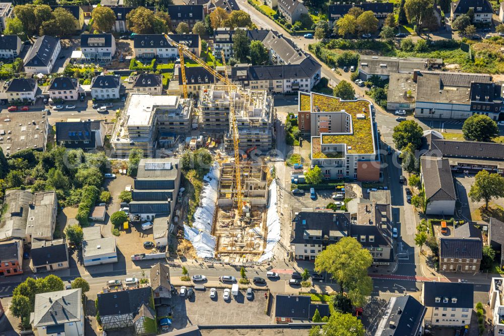 Aerial image Heiligenhaus - Construction site for the new residential and commercial building Suedringterassen on street Frankenstrasse - Hauptstrasse - Suedring in Heiligenhaus at Ruhrgebiet in the state North Rhine-Westphalia, Germany