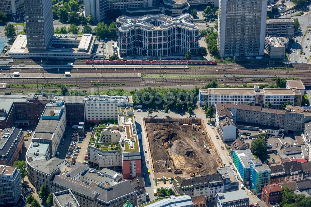 Aerial photograph Essen - Construction site to build a new residential and commercial building at the Selma Street in Essen in North Rhine-Westphalia. The client is the Arsatec GmbH