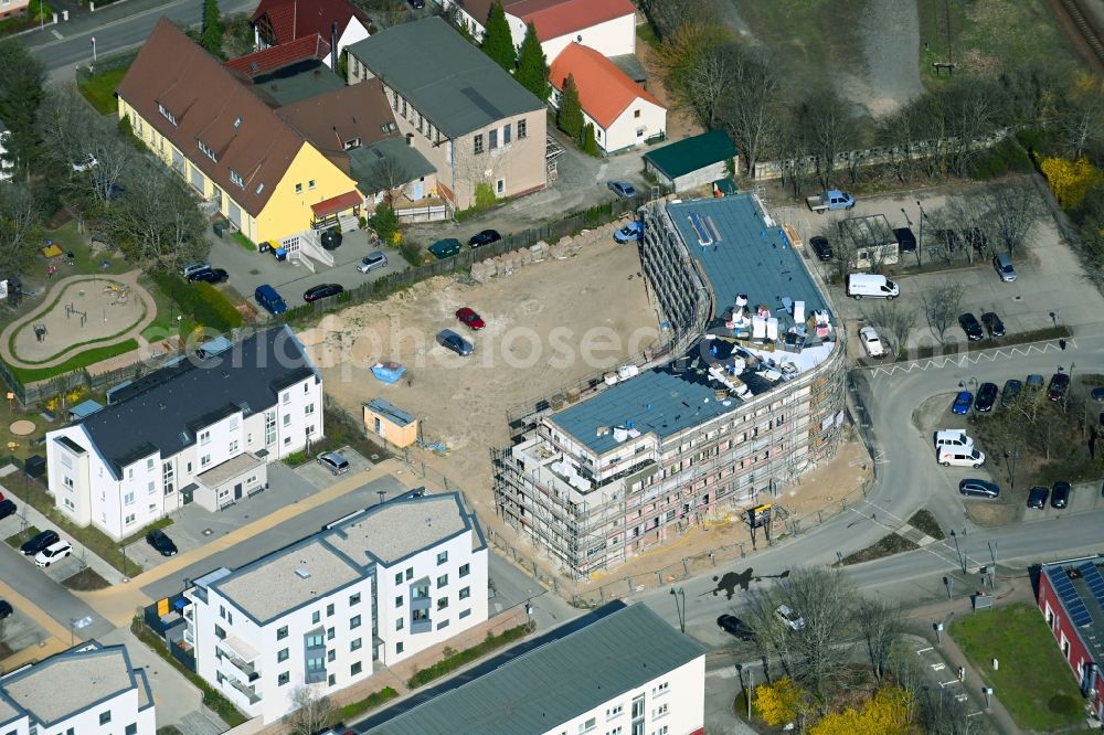 Schwedt/Oder from above - Construction site for the new residential and commercial building Sonnenhaus in Schwedt/Oder in the state Brandenburg, Germany