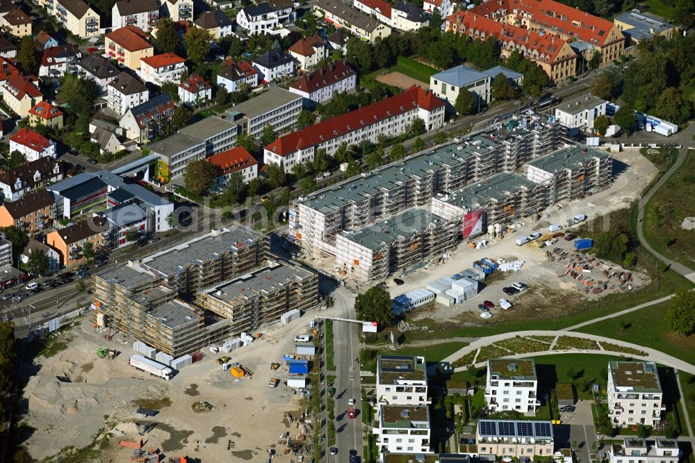 Augsburg from above - Construction site for the new residential and commercial building of Wohnbaugruppe Augsburg on Landvogtstrasse in the district Kriegshaber in Augsburg in the state Bavaria, Germany