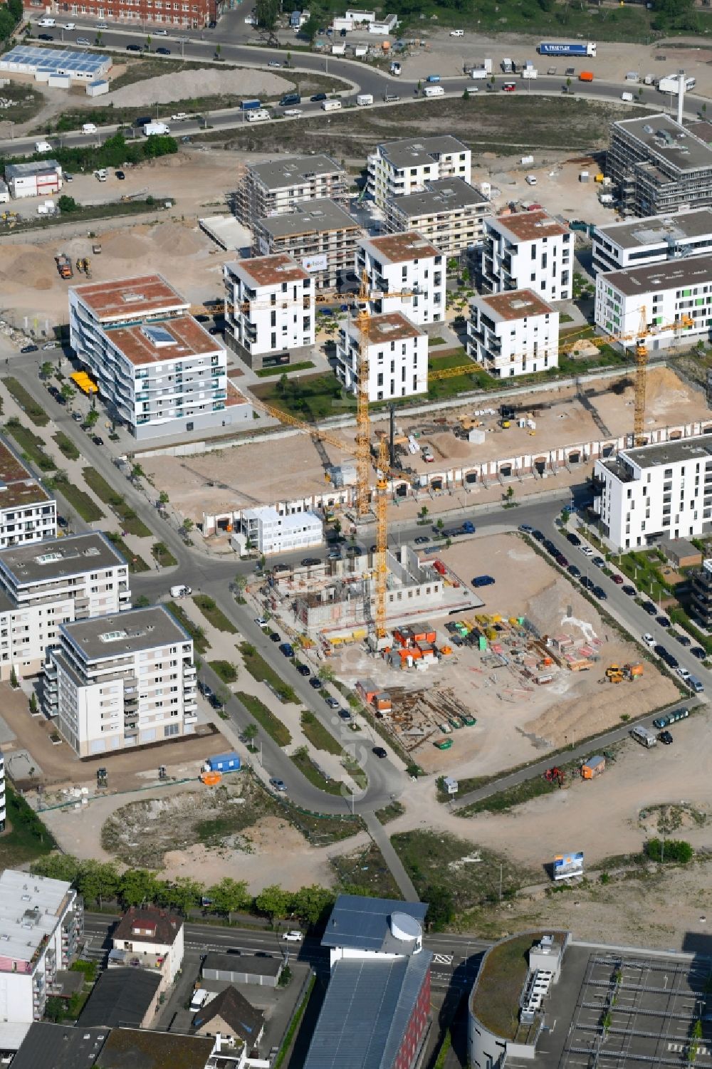 Aerial image Freiburg im Breisgau - Construction site for the new residential and commercial building on the Zita-Kaiser-Strasse in Freiburg im Breisgau in the state Baden-Wuerttemberg, Germany