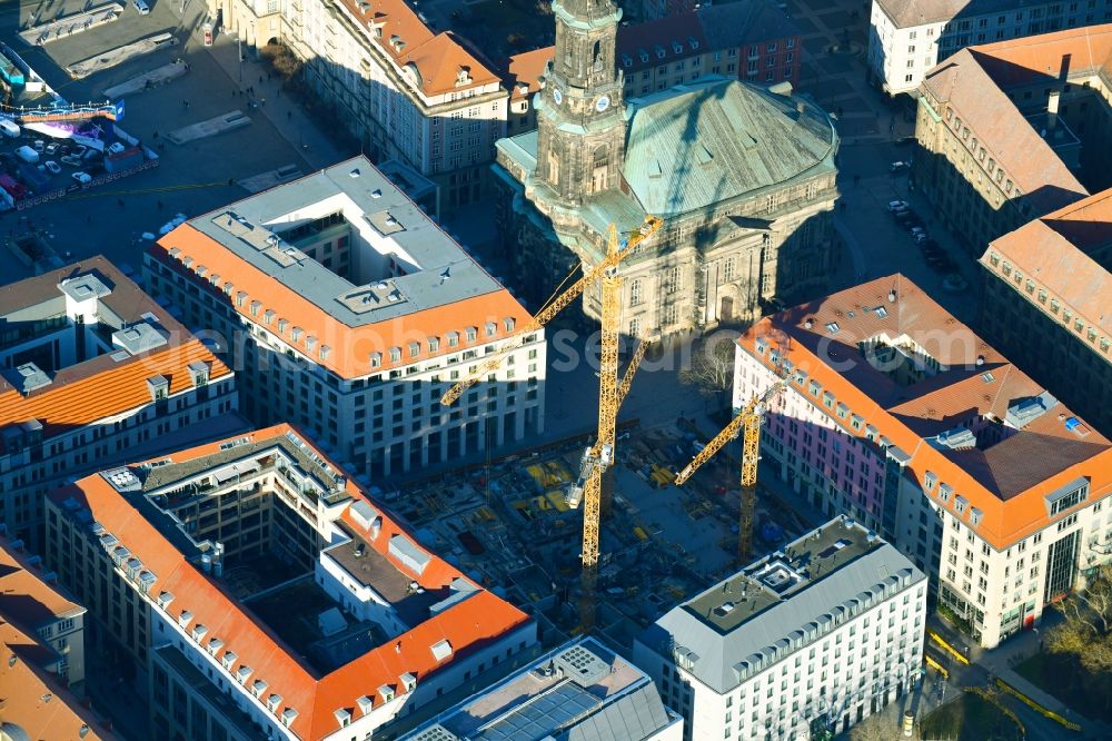 Dresden from the bird's eye view: Construction site for the new residential and commercial building between Kramergasse and Schreibergasse in the district Zentrum in Dresden in the state Saxony, Germany