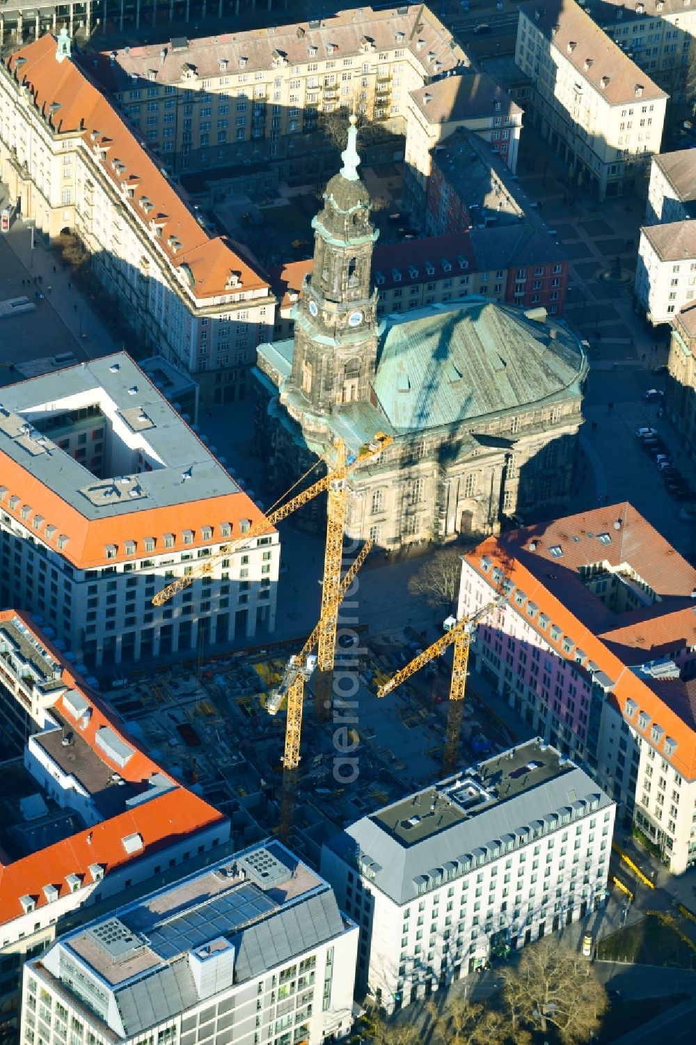 Aerial image Dresden - Construction site for the new residential and commercial building between Kramergasse and Schreibergasse in the district Zentrum in Dresden in the state Saxony, Germany