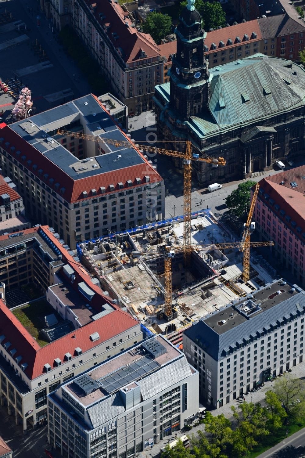 Dresden from above - Construction site for the new residential and commercial building between Kramergasse and Schreibergasse in the district Zentrum in Dresden in the state Saxony, Germany