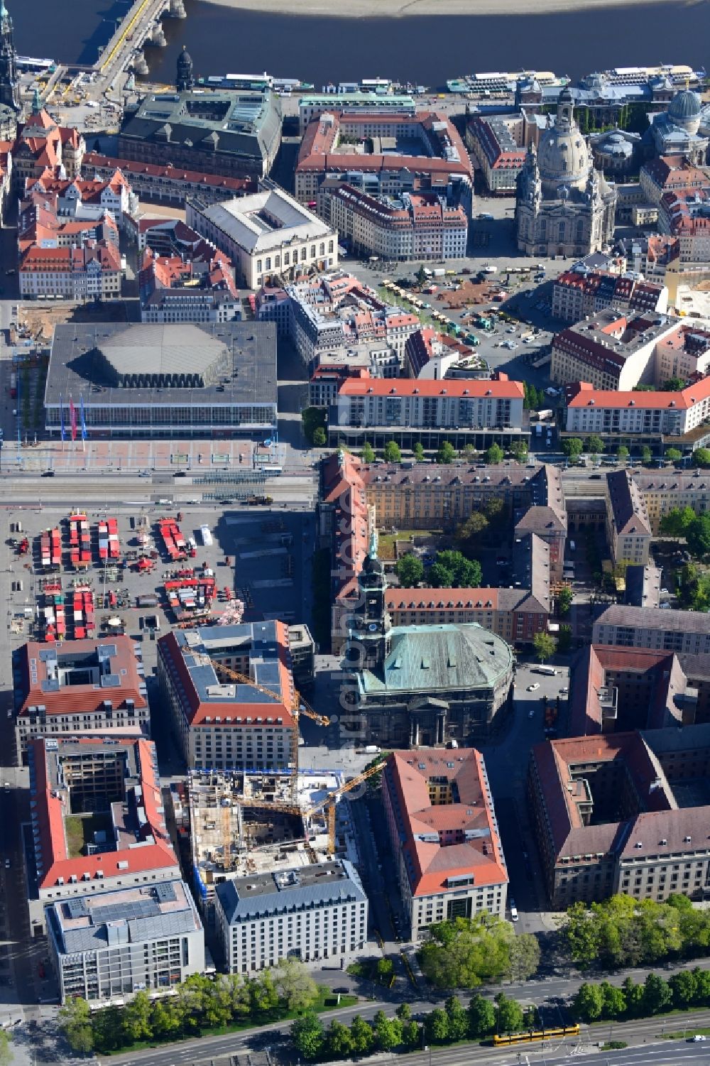 Aerial image Dresden - Construction site for the new residential and commercial building between Kramergasse and Schreibergasse in the district Zentrum in Dresden in the state Saxony, Germany