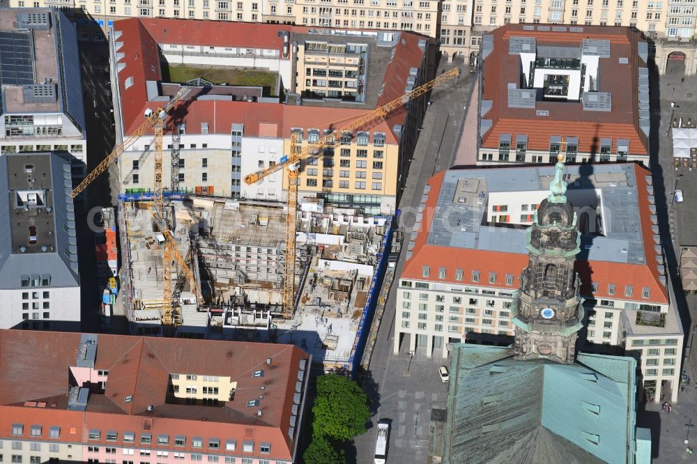 Dresden from the bird's eye view: Construction site for the new residential and commercial building between Kramergasse and Schreibergasse in the district Zentrum in Dresden in the state Saxony, Germany