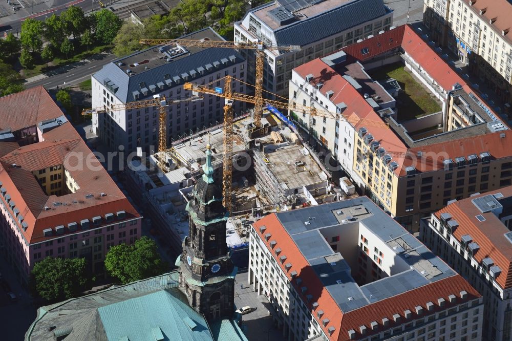 Dresden from above - Construction site for the new residential and commercial building between Kramergasse and Schreibergasse in the district Zentrum in Dresden in the state Saxony, Germany