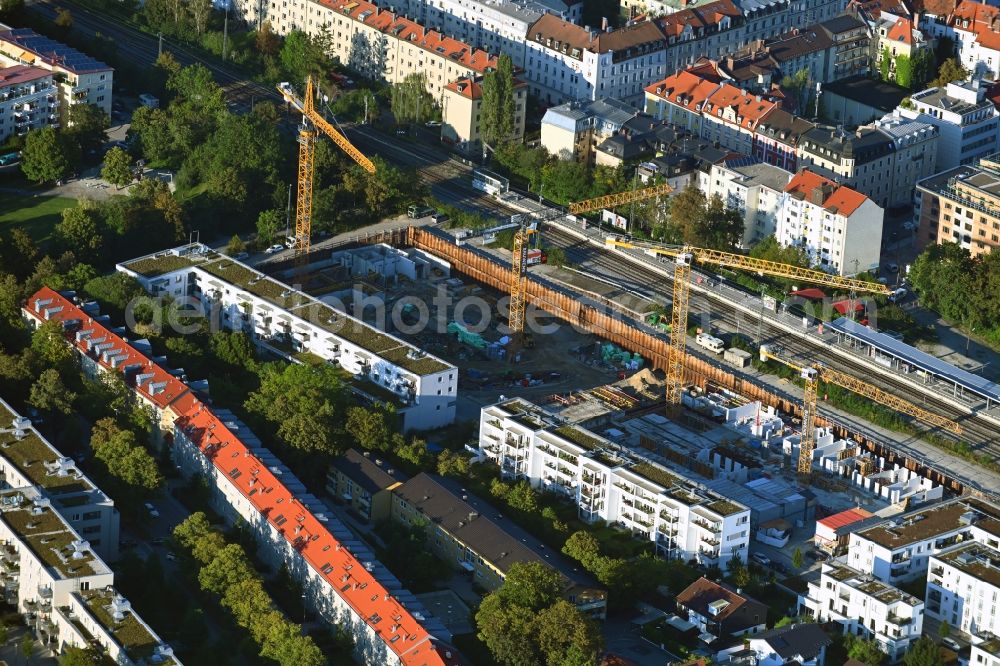 Aerial photograph München - Construction site for the new residential and commercial building Brennerpark on Distlhofweg corner Bauernbraeuweg in the district Sendling-Westpark in Munich in the state Bavaria, Germany