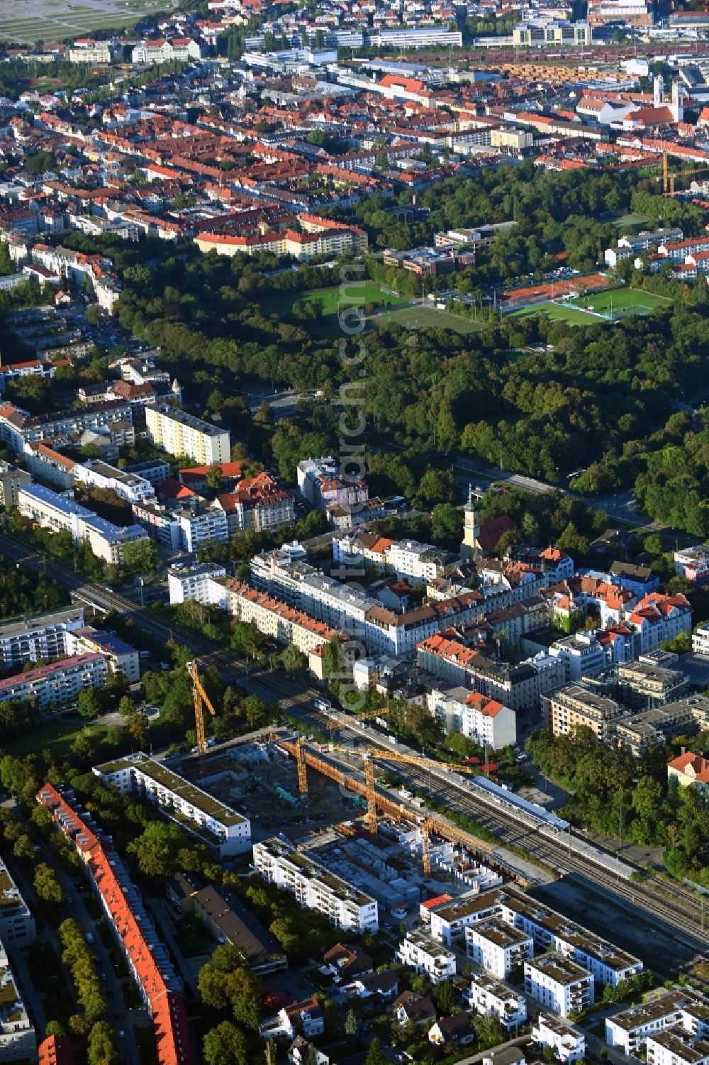 München from the bird's eye view: Construction site for the new residential and commercial building Brennerpark on Distlhofweg corner Bauernbraeuweg in the district Sendling-Westpark in Munich in the state Bavaria, Germany