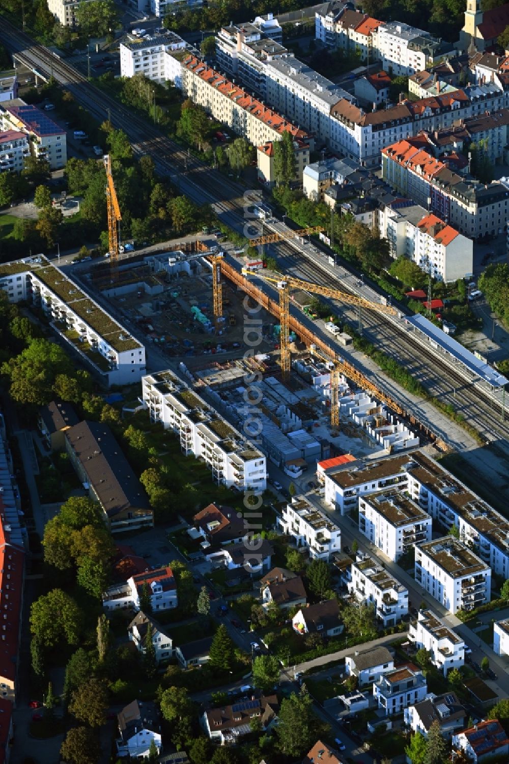 Aerial image München - Construction site for the new residential and commercial building Brennerpark on Distlhofweg corner Bauernbraeuweg in the district Sendling-Westpark in Munich in the state Bavaria, Germany