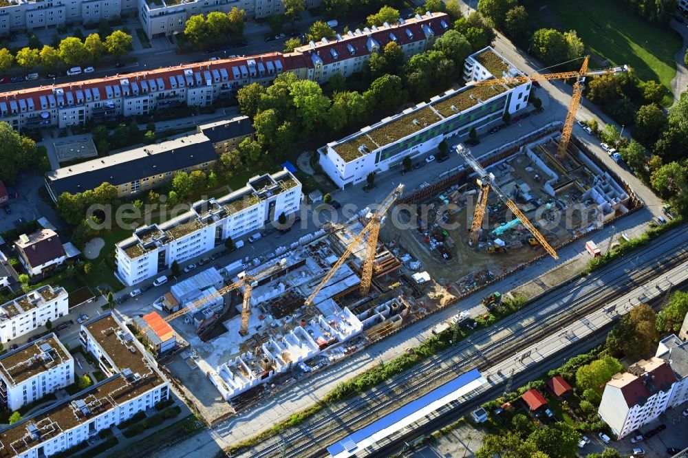 München from the bird's eye view: Construction site for the new residential and commercial building Brennerpark on Distlhofweg corner Bauernbraeuweg in the district Sendling-Westpark in Munich in the state Bavaria, Germany