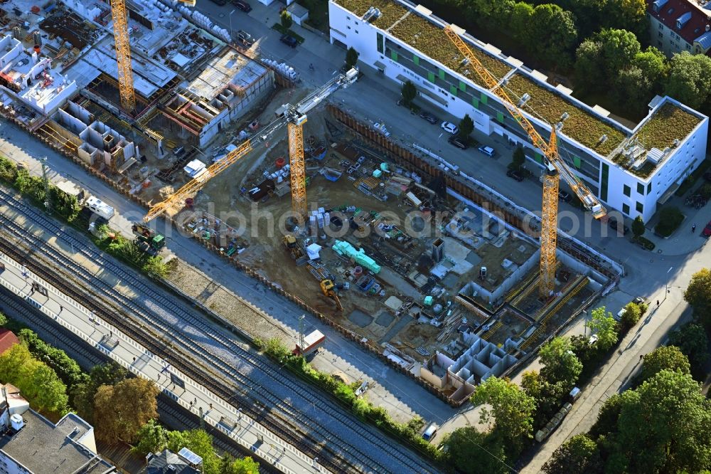 München from above - Construction site for the new residential and commercial building Brennerpark on Distlhofweg corner Bauernbraeuweg in the district Sendling-Westpark in Munich in the state Bavaria, Germany